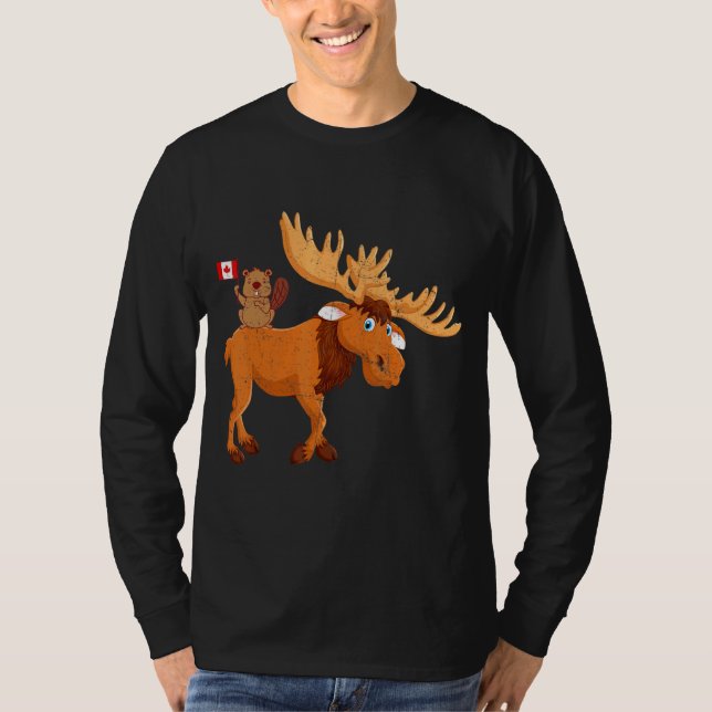 Beaver With Moose Maple Leaf Canadian Flag Canada  T-Shirt (Front)
