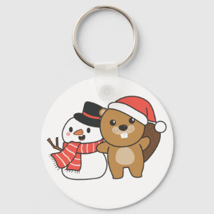 Beaver With Snowman In Winter At Christmas Keychai Key Ring