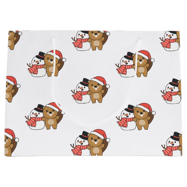 Beaver With Snowman In Winter At Christmas Large G Gift Bag (Front)
