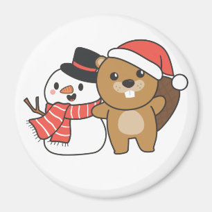 Beaver With Snowman In Winter At Christmas Magnet