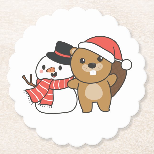 Beaver With Snowman In Winter At Christmas Paper Coaster (Front)