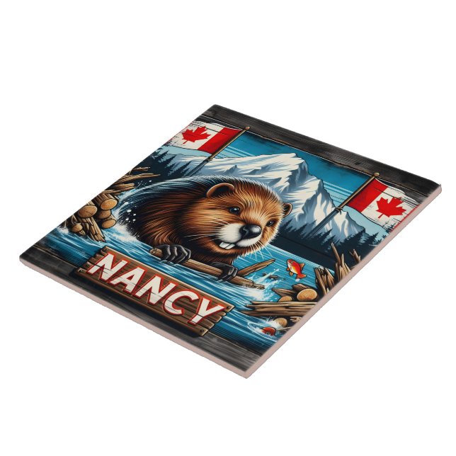 Beaver With Stick by Canadian Flags Tile (Side)