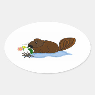 Beaver with Sticks and Flowers Oval Sticker