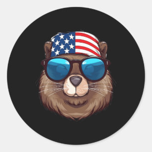 Beaver With Usa Flag Independence Day  Classic Round Sticker