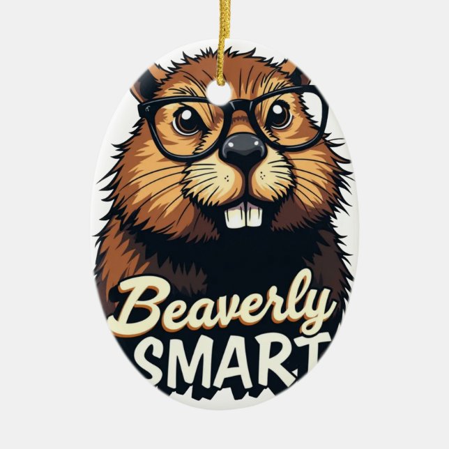 Beaverly Smart – Funny Beaver with Glasses Graphic Ceramic Tree Decoration (Front)