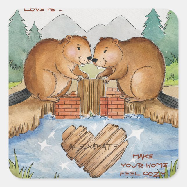 Beavers in Love Square Sticker (Front)