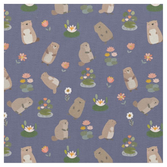Beavers & Lily Pads on Dark Blue Fabric (Close Up)