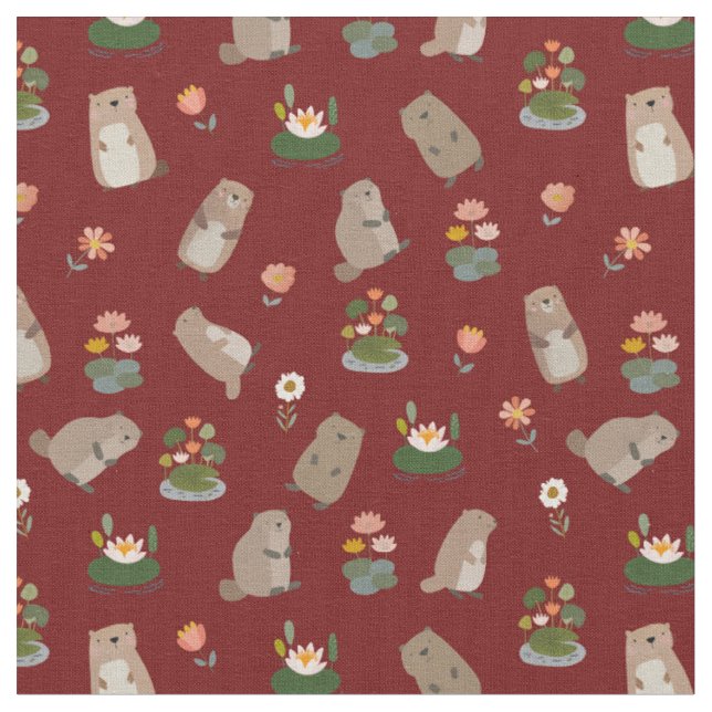 Beavers & Lily Pads on Dark Red Fabric (Close Up)