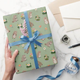 Beavers & Lily Pads on Light Green Wrapping Paper