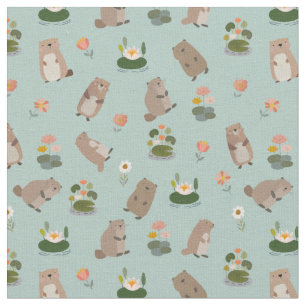 Beavers & Lily Pads on Pistachio Green Fabric
