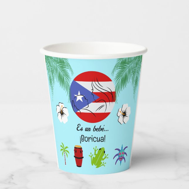 Bebe Boricua Puerto Rican Baby Shower Blue Paper Cups (Front)