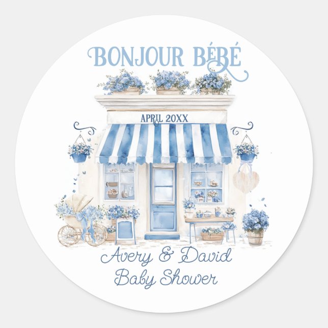 Bebe Cafe Bonjour Bebe Parisian theme Baby Shower Classic Round Sticker (Front)