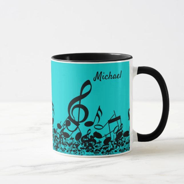 Because Music - Musical Notes Black Turquoise Gift Mug (Right)