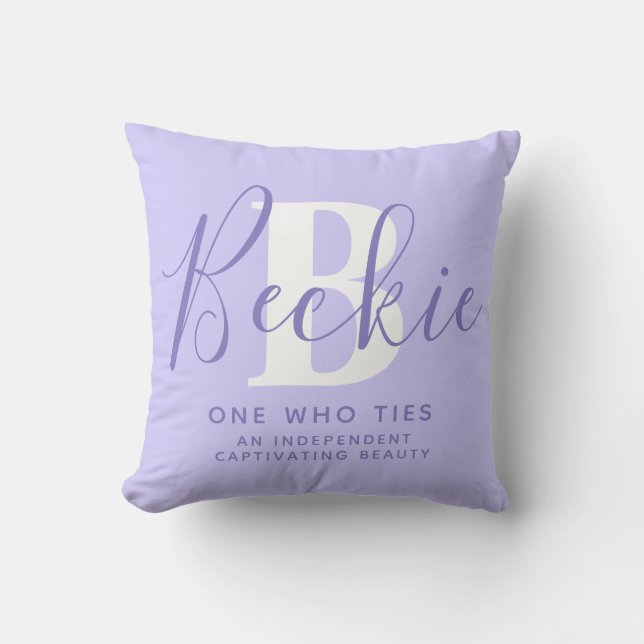 Beckie text blue purple name meaning throw pillow (Front)