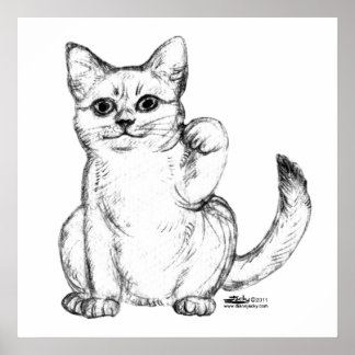 Beckoning Kitty Cat Maneki Neko Poster