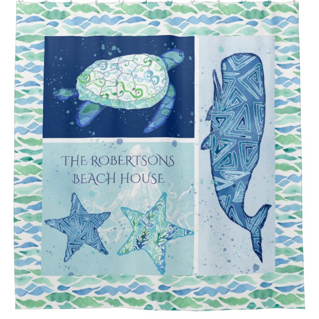 Bed n Breakfast Beach Ocean Whale Starfish Turtle Shower Curtain (Front)