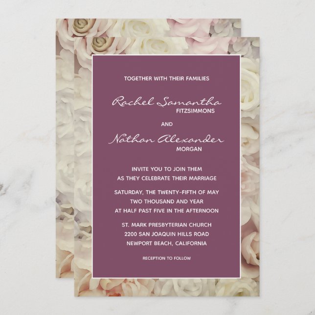 Bed of Roses & Amaranth Pink Wedding Invitations (Front/Back)