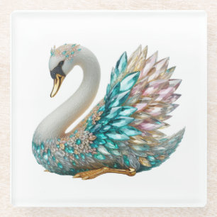 Bedazzled Diamond Swan Gold Crystal Bling Glass Coaster