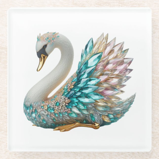 Bedazzled Diamond Swan Gold Crystal Bling Glass Coaster (Front)