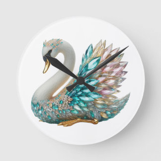 Bedazzled Diamond Swan Gold Crystal Bling Round Clock