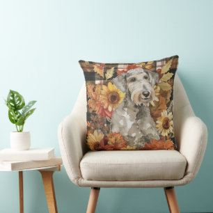 Bedlington Terrier Dog Fall Watercolor Flowers Cushion