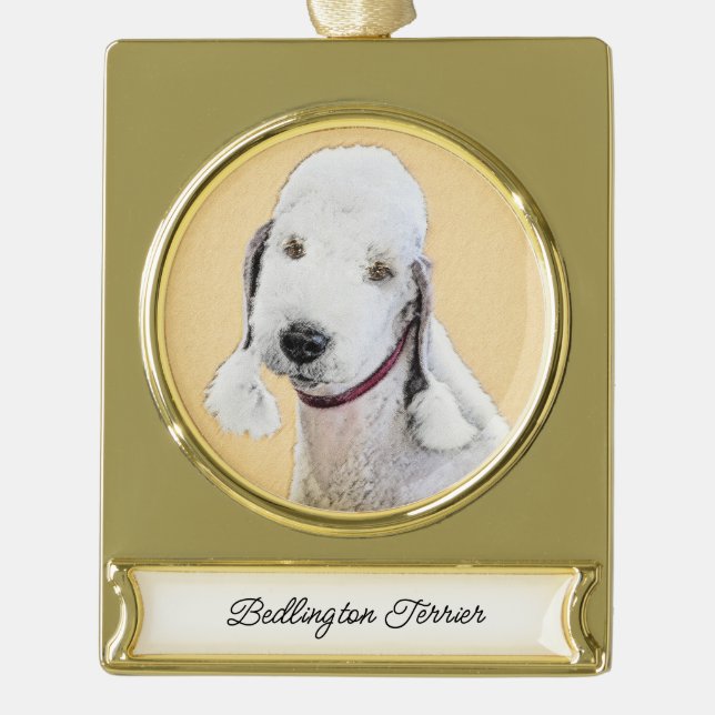Bedlington Terrier Painting - Original Dog Art Gold Plated Banner Ornament (Front)