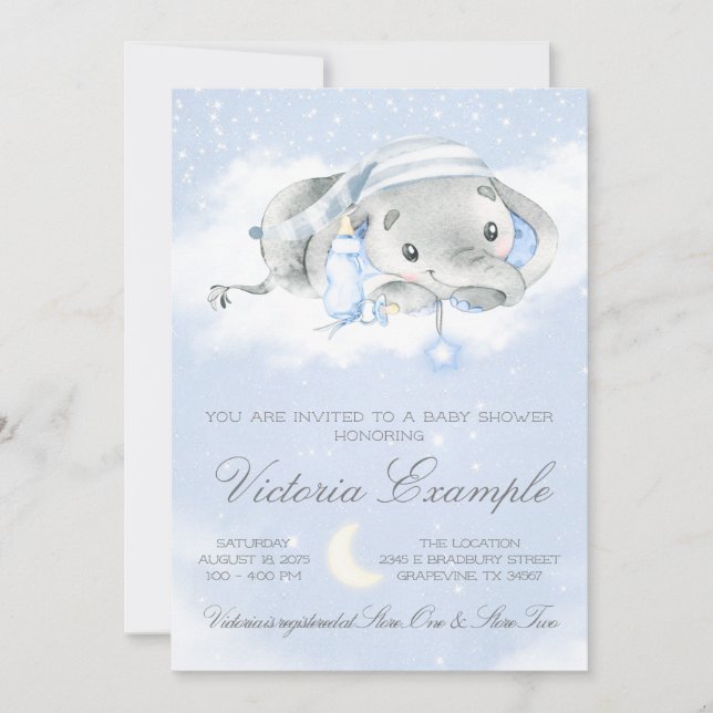 Bedtime Baby Boy Elephant Baby Shower Invitation (Front)