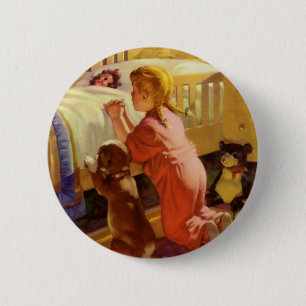 Bedtime Prayers, Girl with Puppy, Vintage Religion 6 Cm Round Badge