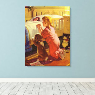 Bedtime Prayers, Girl with Puppy, Vintage Religion Canvas Print