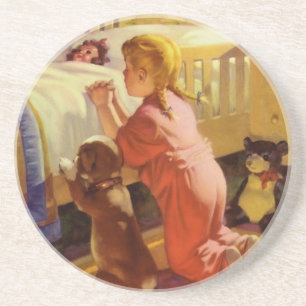 Bedtime Prayers, Girl with Puppy, Vintage Religion Coaster