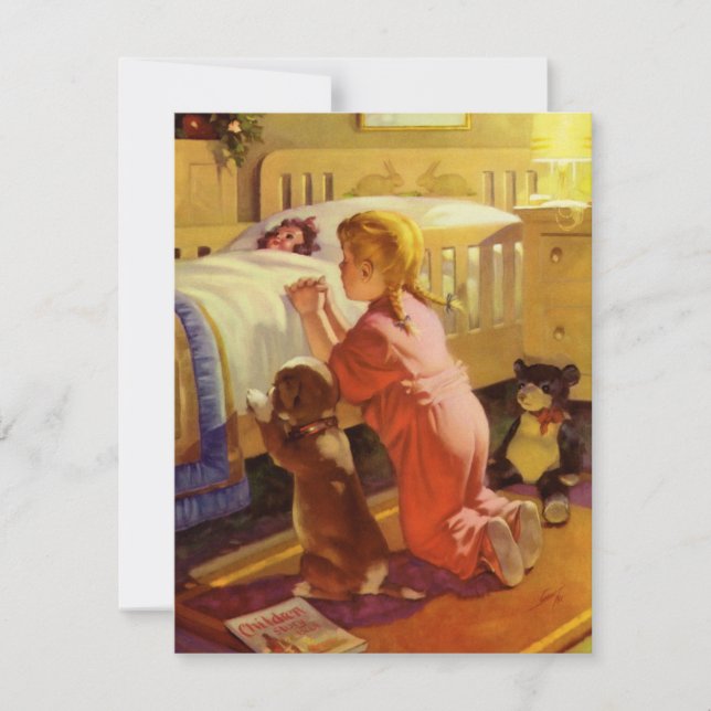 Bedtime Prayers, Girl with Puppy, Vintage Religion Invitation (Front)