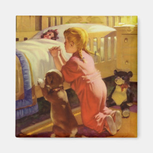Bedtime Prayers, Girl with Puppy, Vintage Religion Magnet