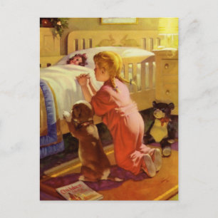 Bedtime Prayers, Girl with Puppy, Vintage Religion Postcard