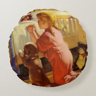 Bedtime Prayers, Girl with Puppy, Vintage Religion Round Cushion