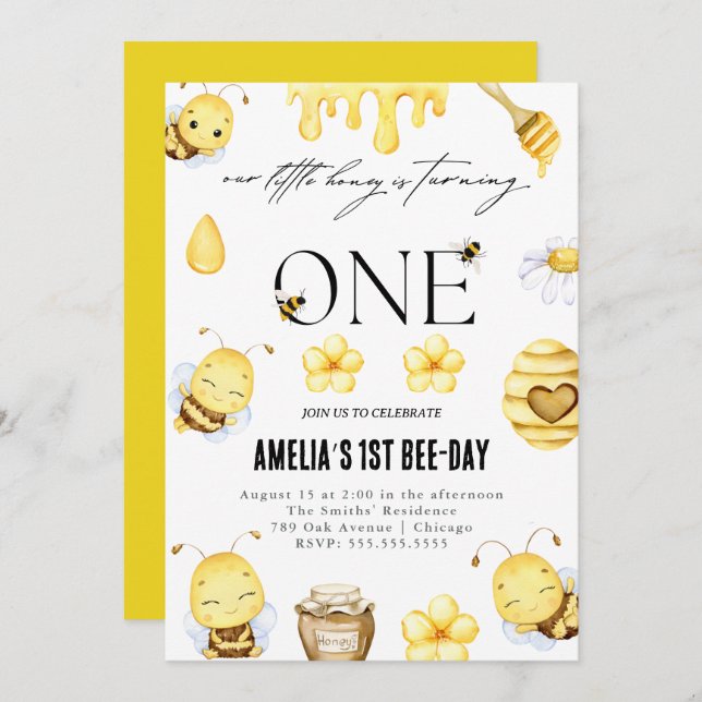 Bee 1st Birthday Invitation (Front/Back)