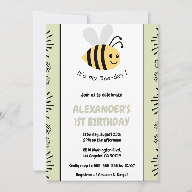 Bee 1st birthday invitations Cute Modern  (Front)