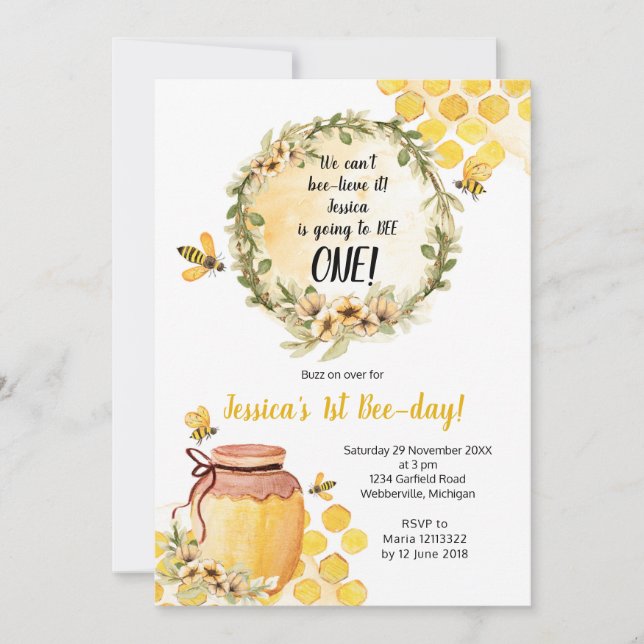 Bee 1st Birthday Party Invitation Girl (Front)