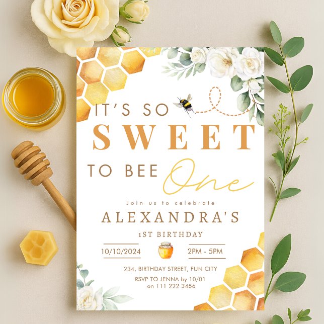 Bee 1st Birthday Sweet to Be One Girl Floral Invitation (Bee 1st Birthday Sweet to Be One Girl Floral Invitation)