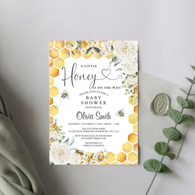 Bee A Little Honey White Floral Baby Shower Invitation (Creator Uploaded)