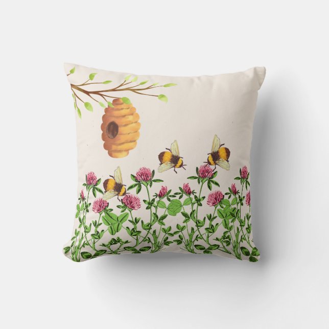 Bee and Bee Hive Throw Pillow with Thistle (Front)