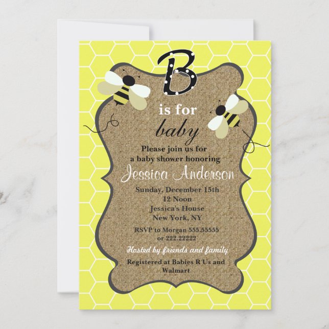 Bee and Burlap Baby Shower Invitations (Front)