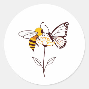 Bee and Butterfly on Flower   Nature-Inspired Stic Classic Round Sticker