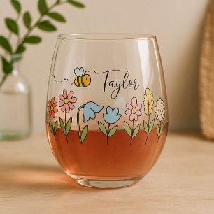 Bee and Colorful Flowers Personalized Gift Stemless Wine Glass