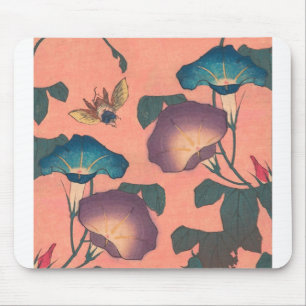 Bee and Flower Japanese Art Pink Floral Mouse Pad
