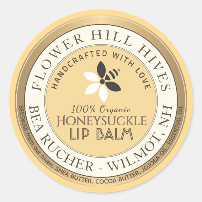 Bee and Flower Logo Beeswax Lip Balm Label  (Front)