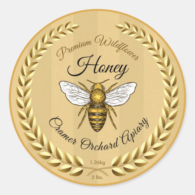 Bee and Garland Honey Amber Gold Classic Round Sticker (Front)
