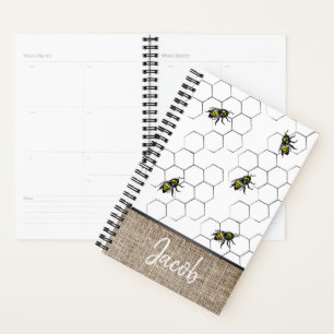 Bee and Honeycomb Faux Burlap Monogram Planner