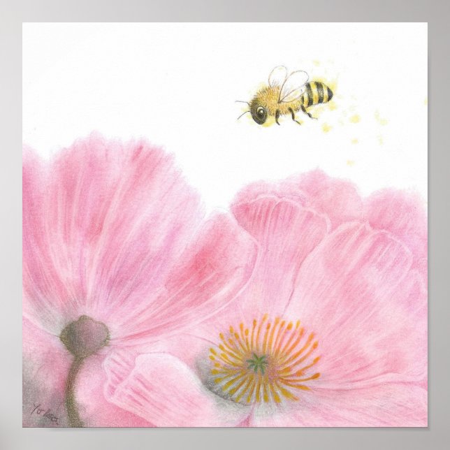 Bee and Pink Flowers Coloured Pencil Nursery Art  Poster (Front)