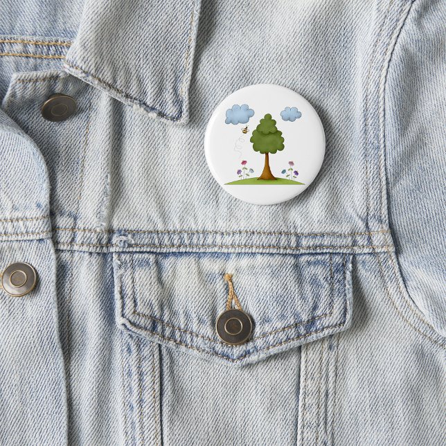 Bee and Tree Nature Scene with Flowers and Clouds 6 Cm Round Badge (Creator Uploaded)