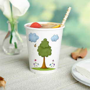 Bee and Tree Nature Scene with Flowers and Clouds Paper Cups